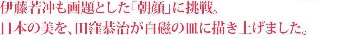 伊藤若冲も画題とした「朝顔」に挑戦。日本の美を、田窪恭治が白磁に皿に描き上げました。